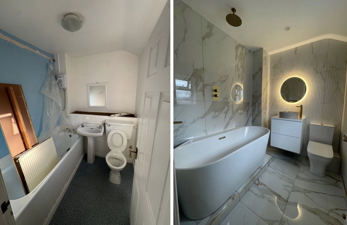 Before and after: a tired old bathroom transformed with marble-effect tiles and a freestanding bath