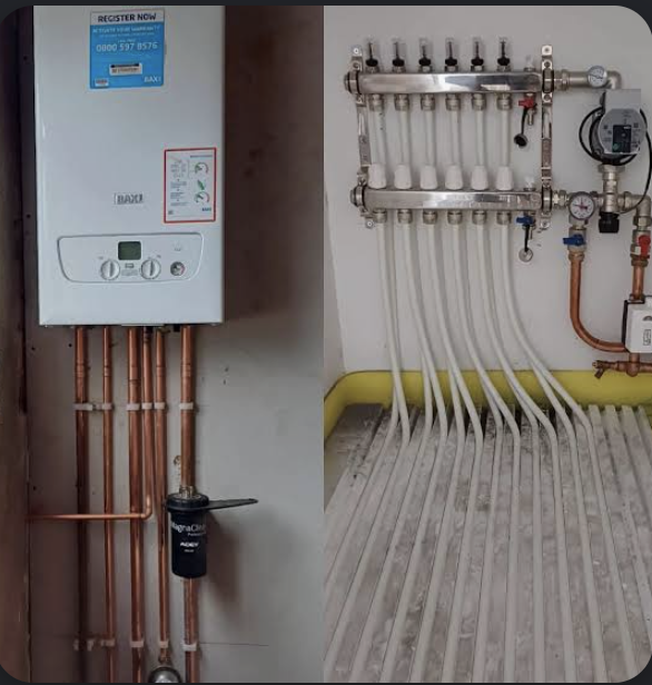 A new Baxi boiler alongside an underfloor heating manifold with pipes laid ready for the screed