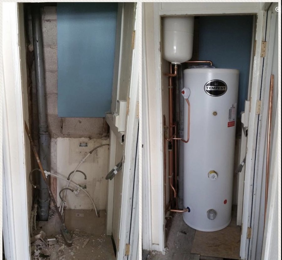Before and after: a cluttered cupboard turned into a neat new unvented hot water cylinder