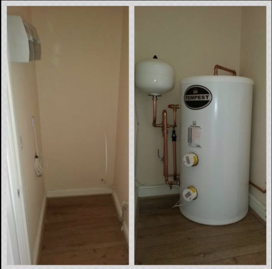 Before and after: a new hot water cylinder fitted in an empty cupboard
