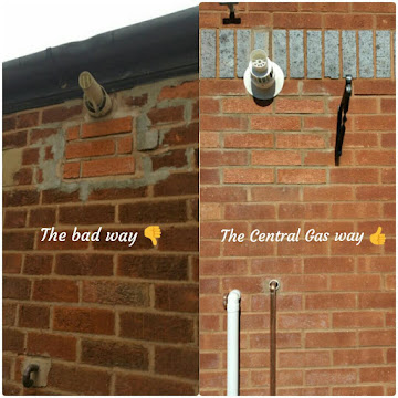 A badly fitted flue next to a neat Central Gas flue